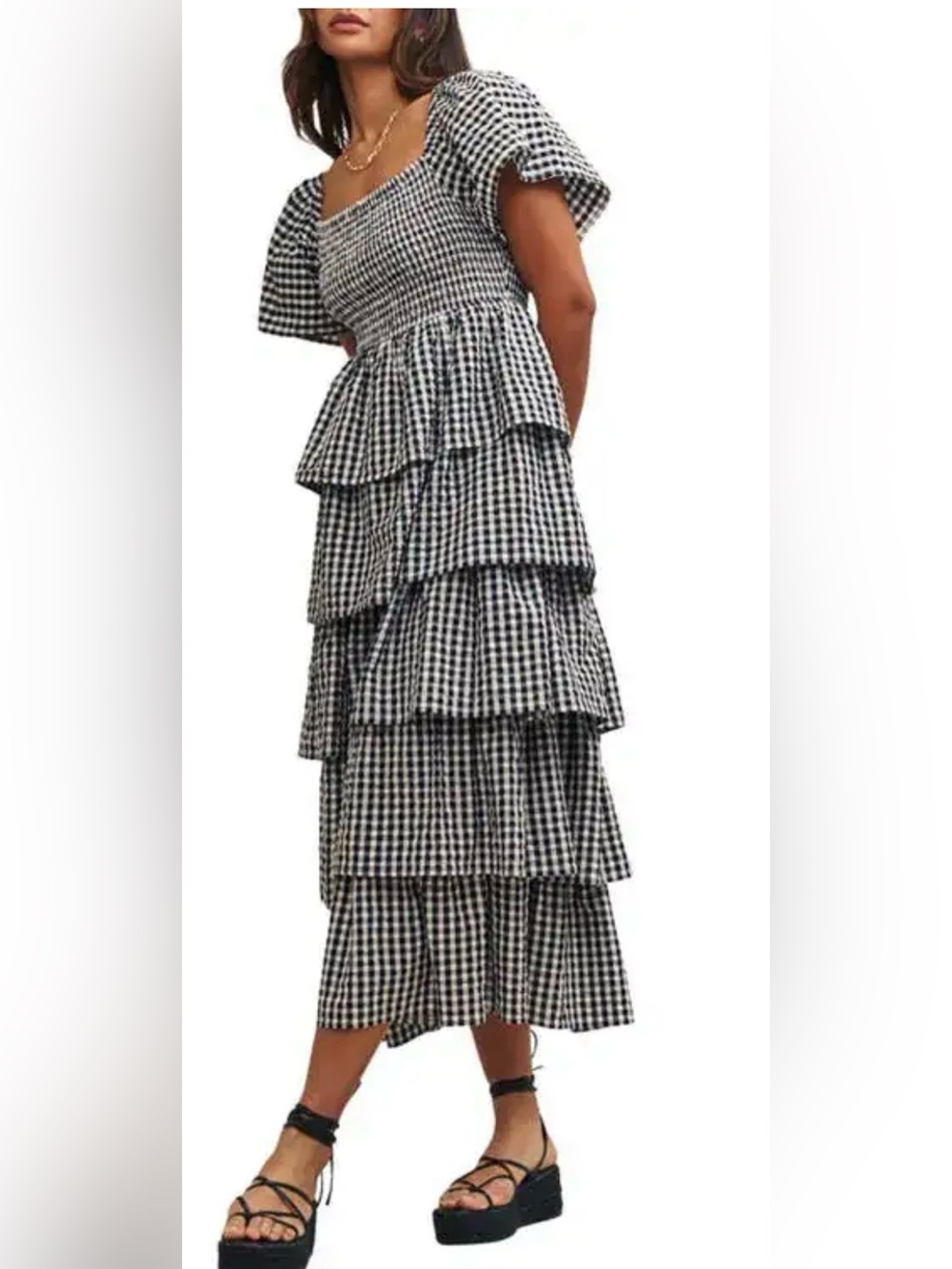 Gingham Tiered Maxi Dress in Black and White